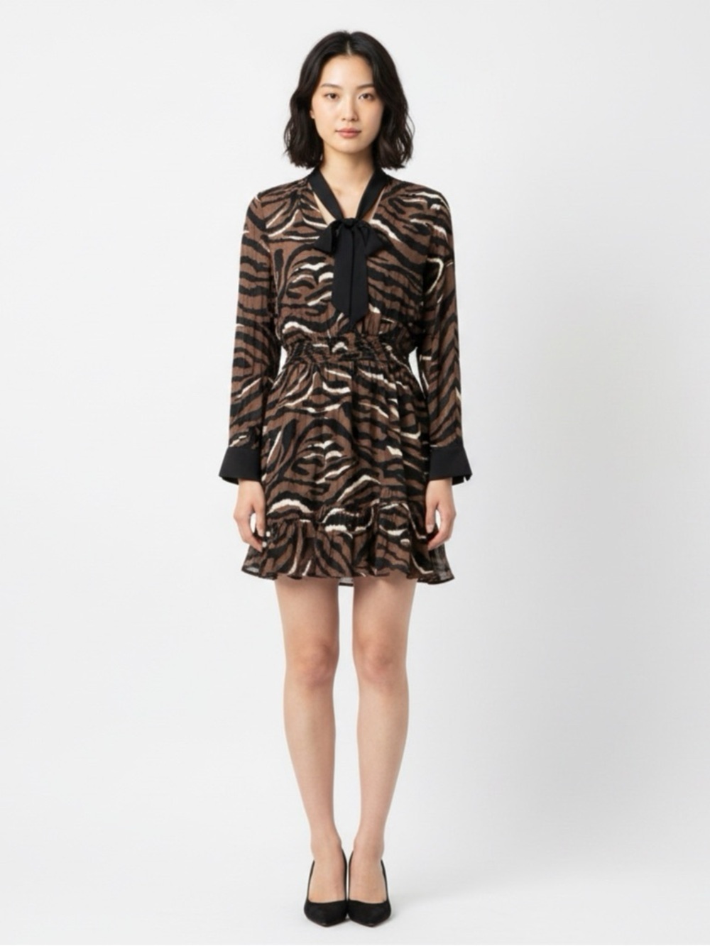 Zara Brown & Black Animal-Print Tie-Neck Mini Dress